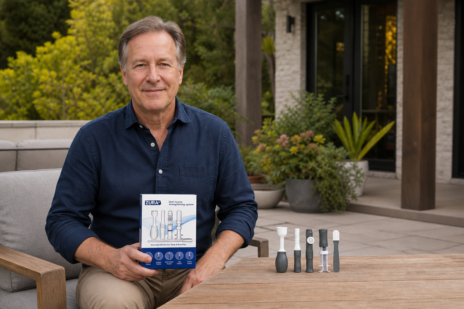 ZURA+ founder on a patio with the product box and five trainers