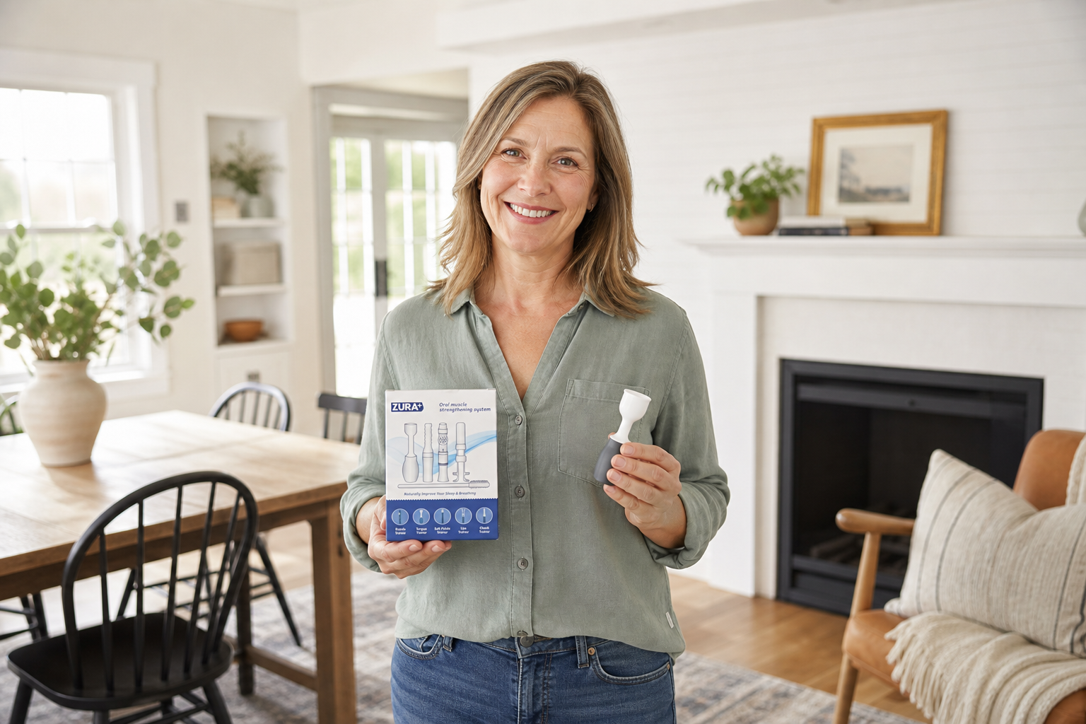 A woman holding a ZURA+ box and training tool