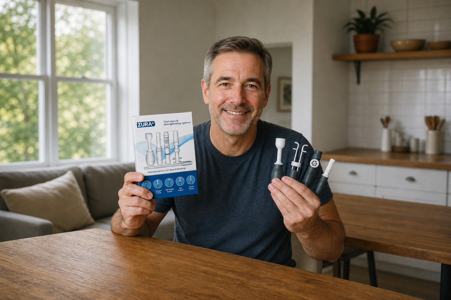 A man holding the ZURA+ box and training tools