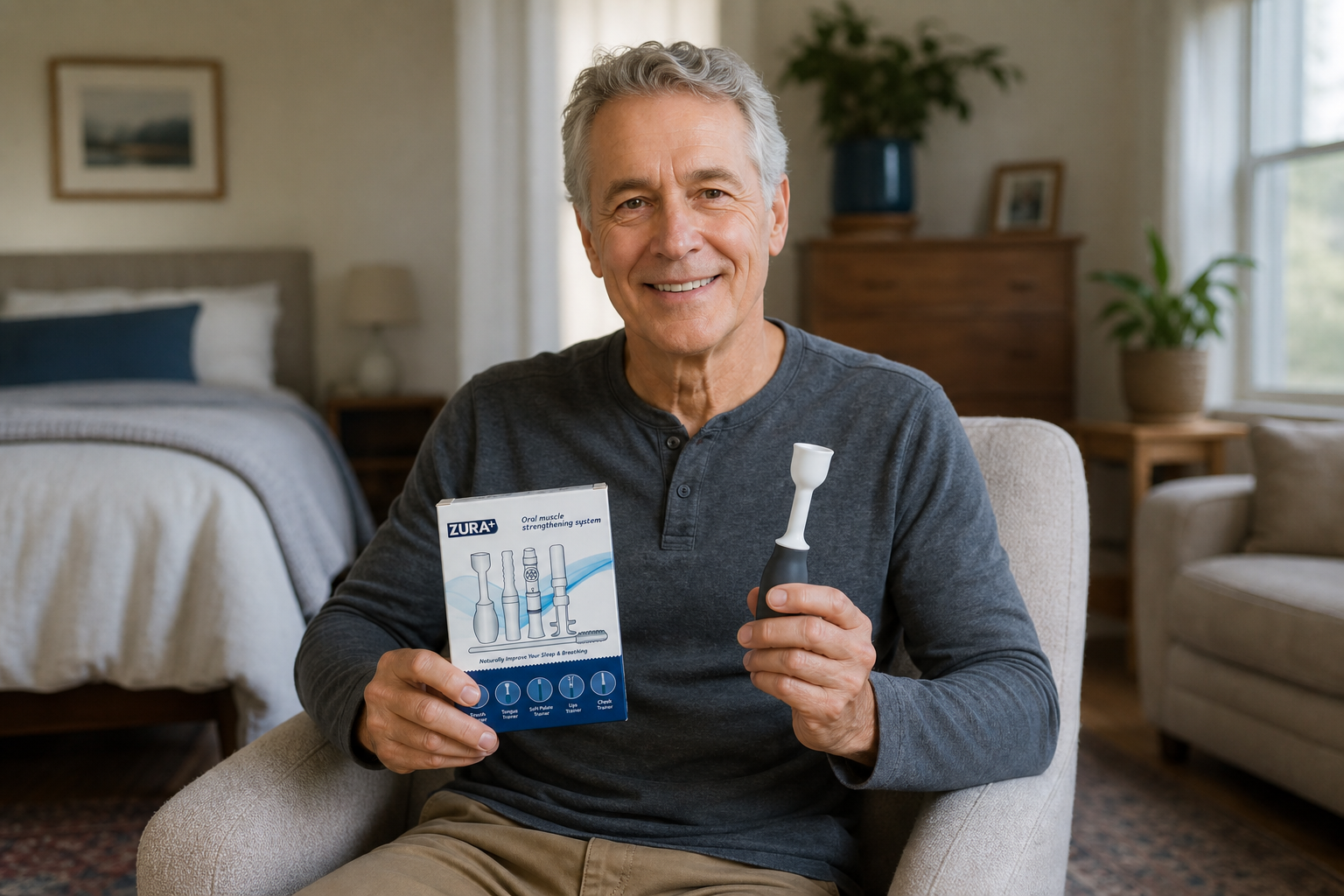 A man holding a ZURA+ box and oral training tool