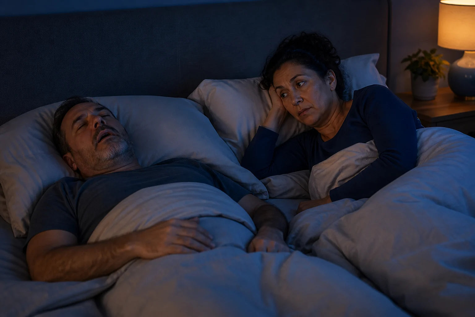 A tired couple affected by persistent snoring at night