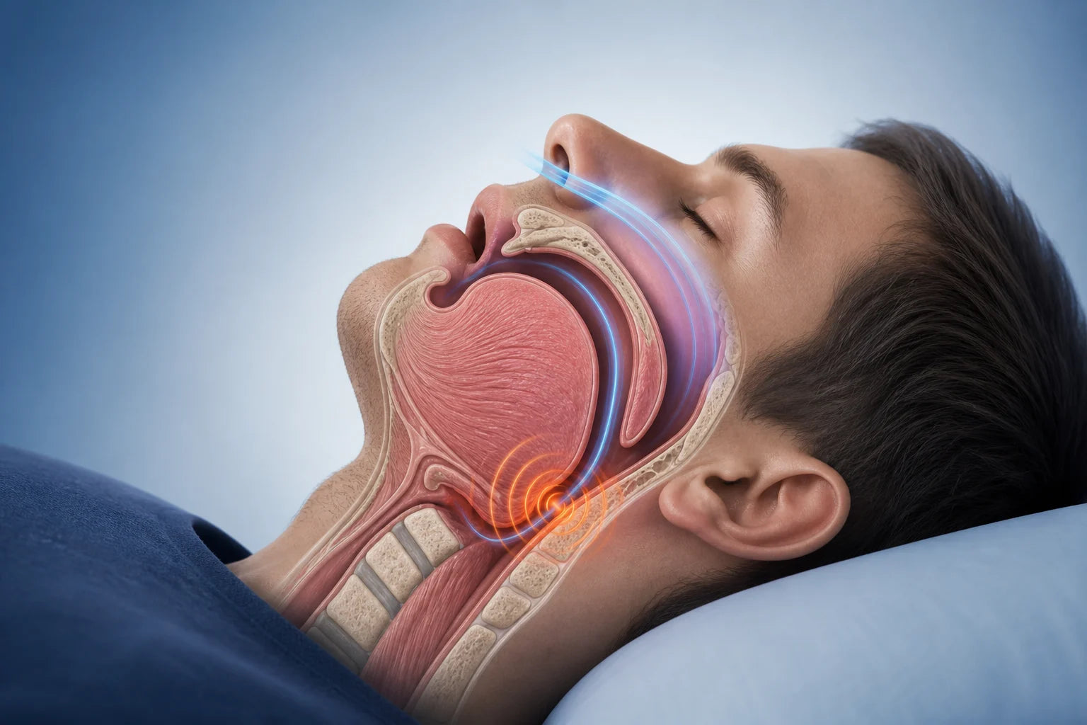 Scientific illustration of the tongue and soft palate narrowing the upper airway during sleep